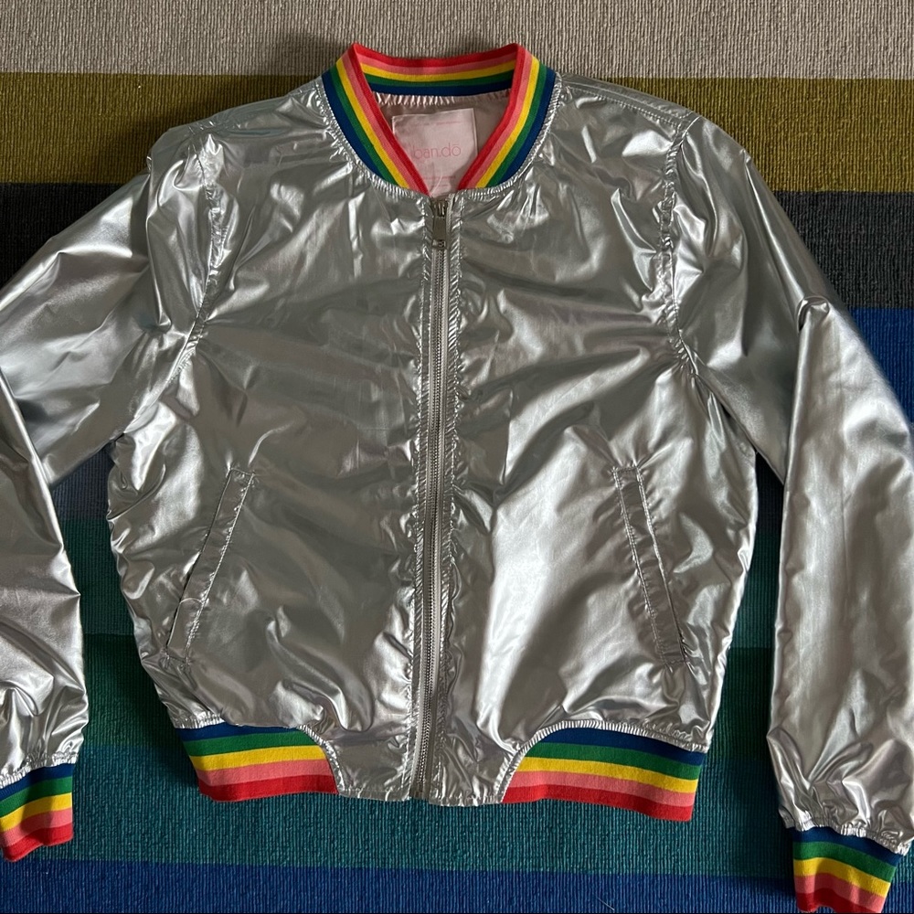 ban.do Women's Metallic Bomber Jacket w/ Rainbow Trim • Size Small